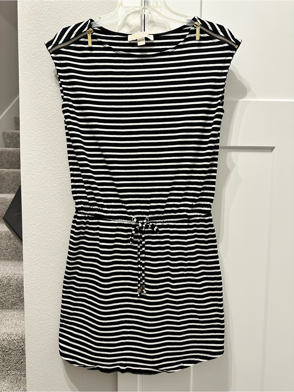 Michael Kors Black and White Striped Drawstring Mini Dress XS